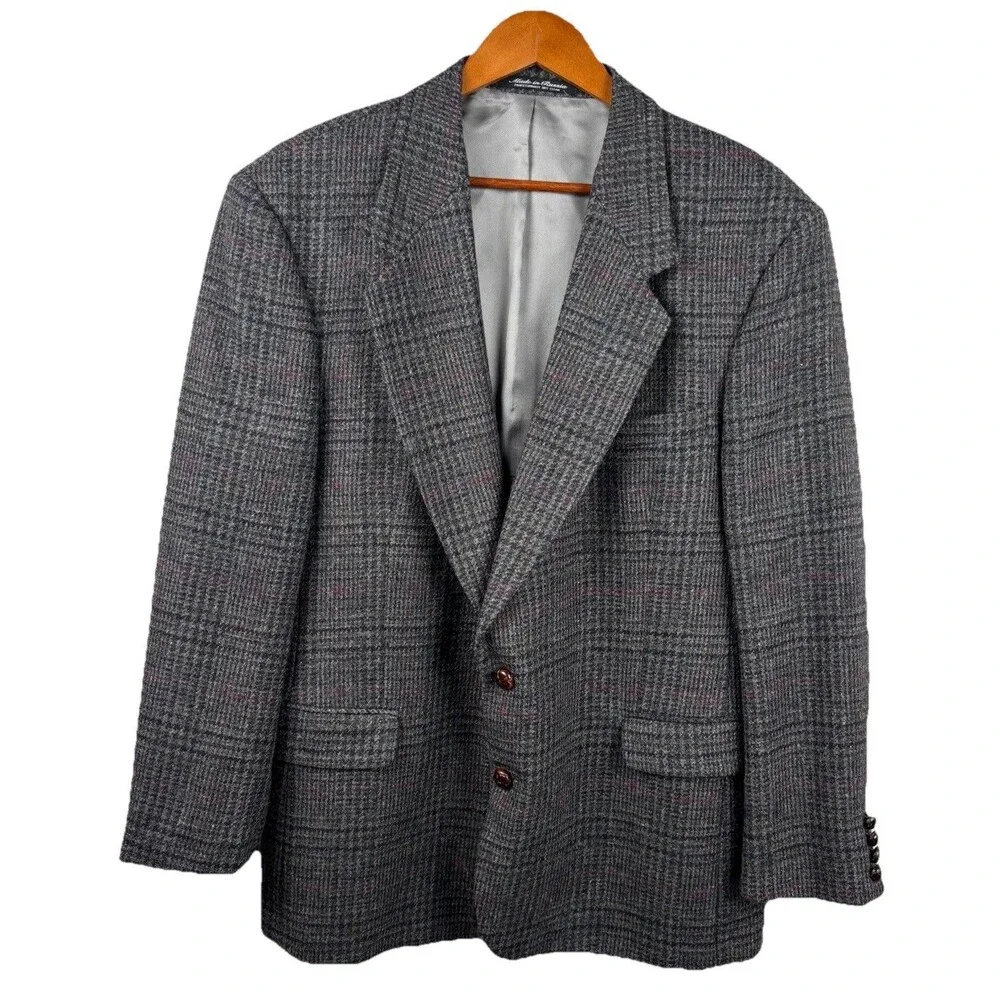 Robert Stock Vintage 100% Wool Blazer Sport Coat Size 48R Leather Buttons Russia